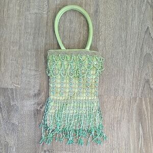 Vintage Beaded Nepal Green Glass Crocheted Handbag